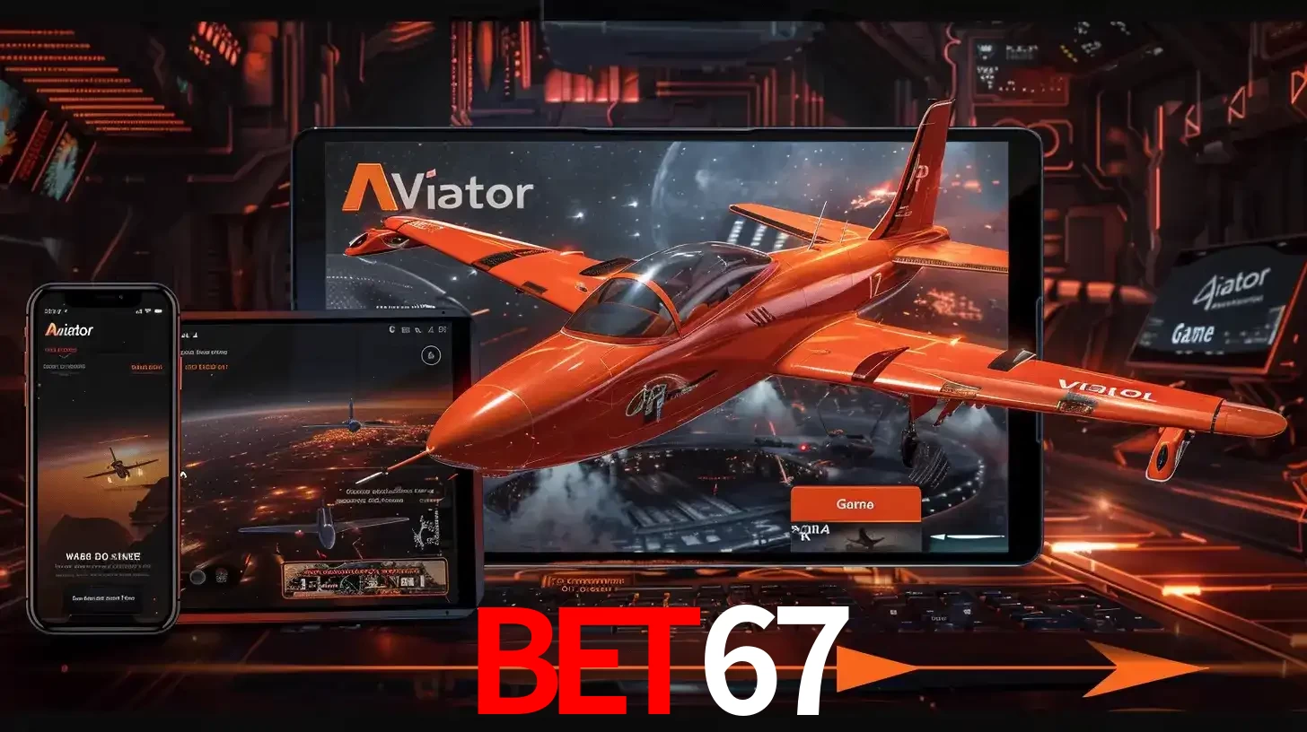 Apresentação tecnológica do jogo Aviator com um avião saindo da tela de um tablet, demonstrando a experiência imersiva em múltiplos dispositivos no BET67.