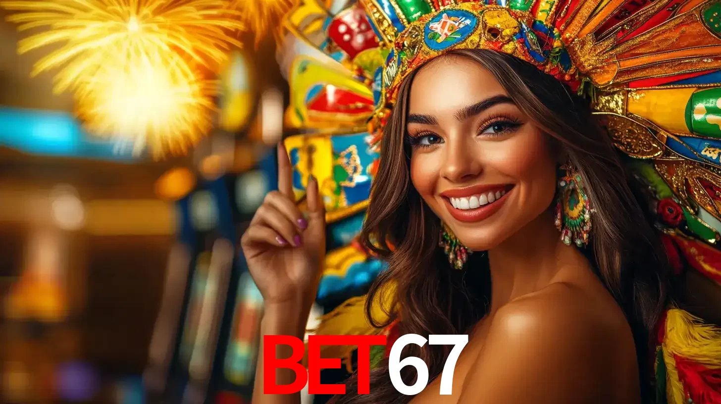 Mulher sorridente com um cocar de carnaval vibrante e colorido, celebrando uma grande vitória nos jogos do cassino BET67 com fogos de artifício ao fundo.