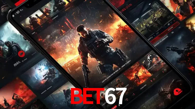 Tela de um celular exibindo uma galeria de jogos de tiro com temática militar, mostrando a variedade de e-sports disponíveis para apostas na plataforma de entretenimento BET67.