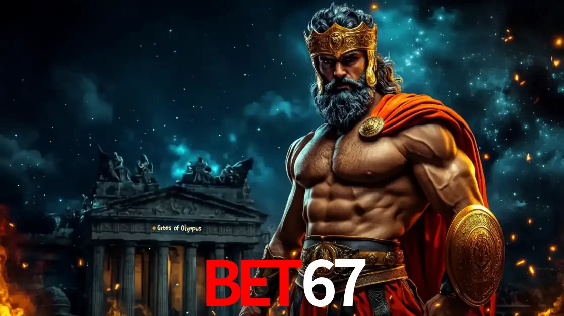 O poderoso Zeus do jogo de slot Gates of Olympus em frente ao seu templo, pronto para lançar multiplicadores divinos e prêmios épicos no cassino online BET67.