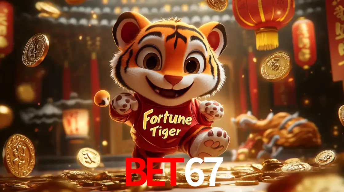 O alegre personagem do Fortune Tiger correndo sobre um caminho de moedas de ouro, simbolizando os grandes prêmios e a diversão do popular jogo de slot do BET67.