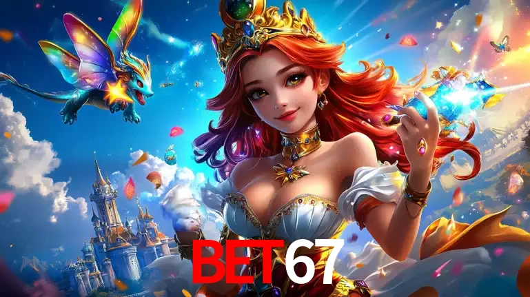 A princesa de um reino de fantasia mágico, com seu pequeno dragão, apresentando um mundo de prêmios encantados nos jogos de caça-níqueis do cassino BET67.