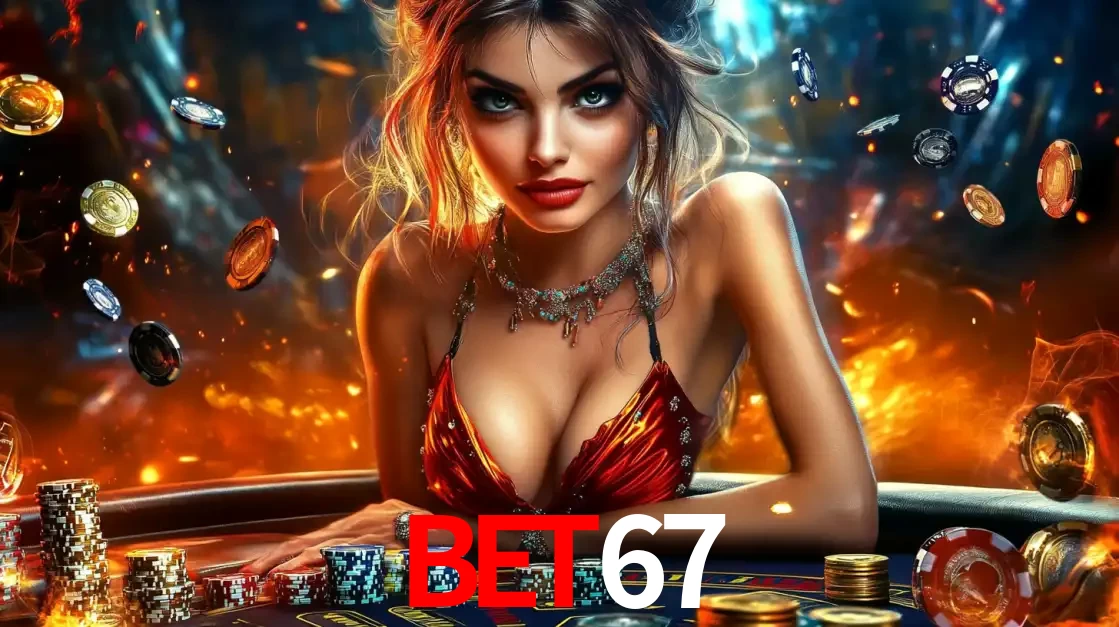 Mulher em uma mesa de cassino com pilhas de fichas e um fundo de fogo, pronta para uma rodada de altas apostas nos jogos de mesa emocionantes do cassino BET67.