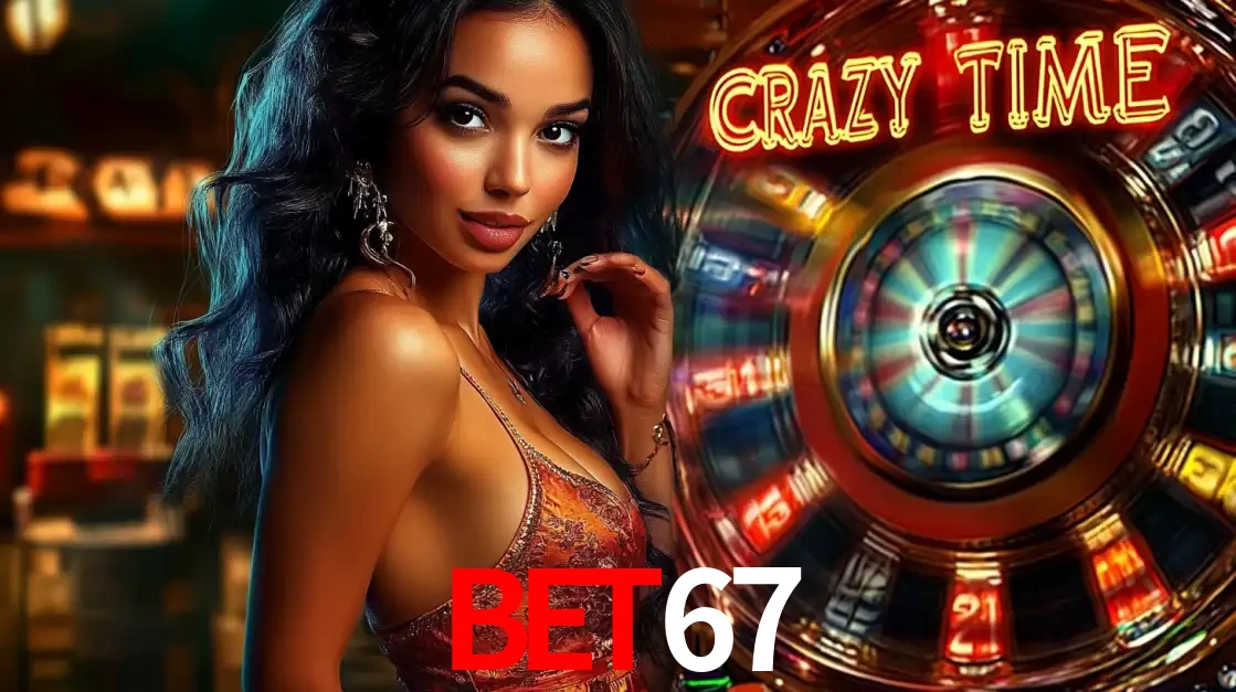 Mulher elegante ao lado da vibrante roda da fortuna do jogo de cassino ao vivo Crazy Time, um dos game shows mais populares e cheios de prêmios do BET67.